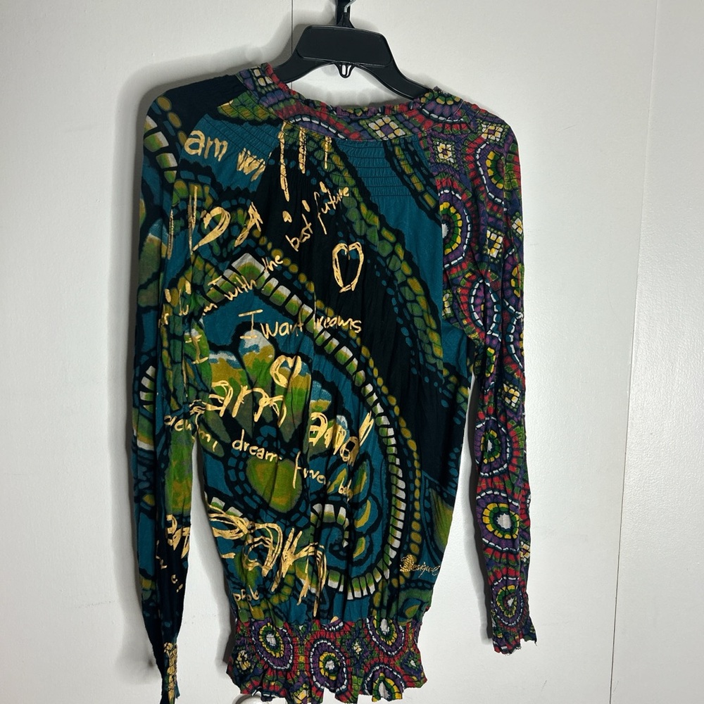 Desigual vibrant graphic embroidered floral artsy long sleeve blouse tie neck